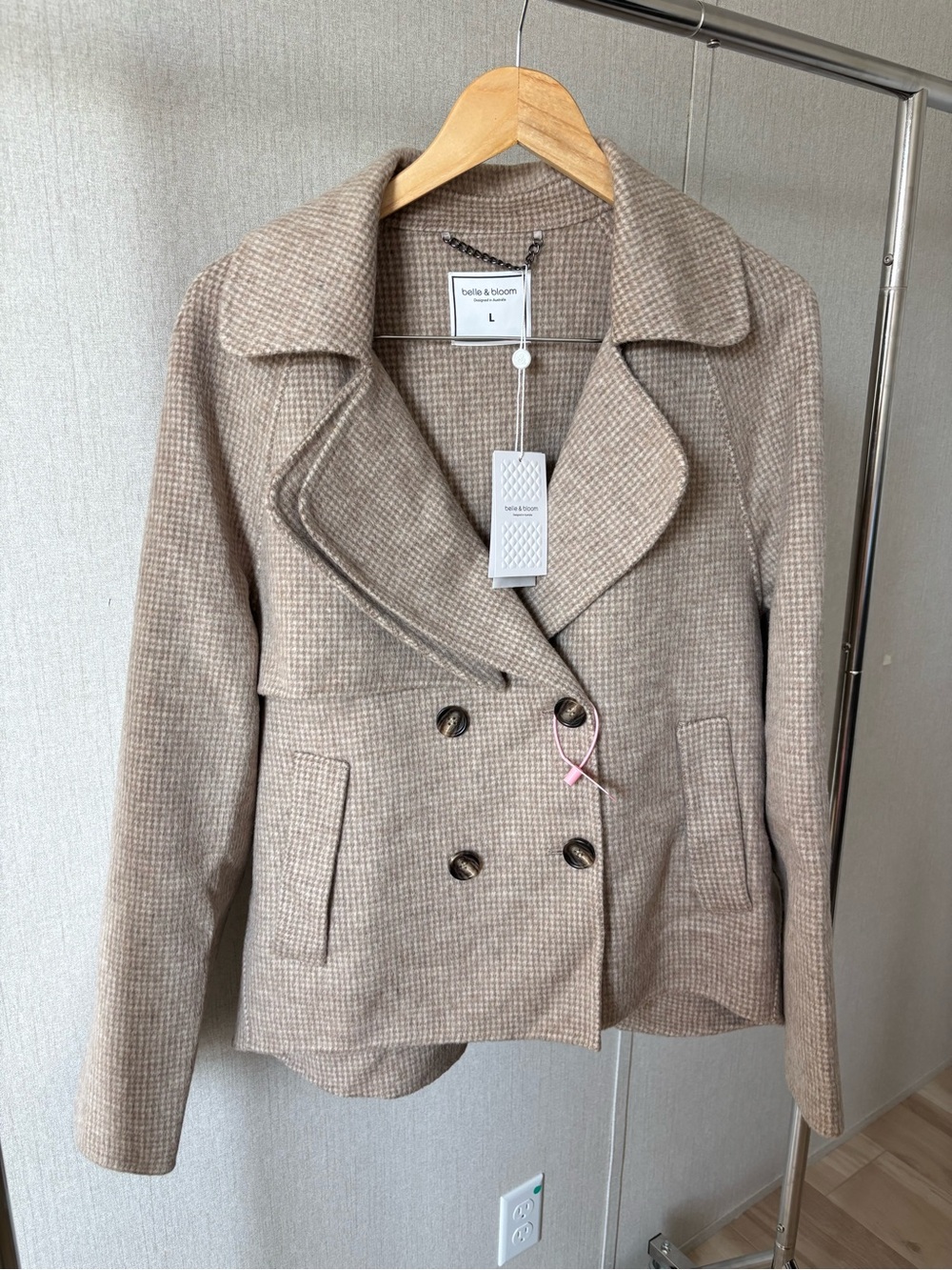 bella & bloom Taupe Houndstooth Double-Breasted Peacoat